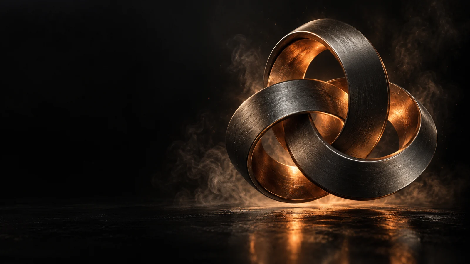 Interlocking titanium ribbons illuminated from within by warm copper light